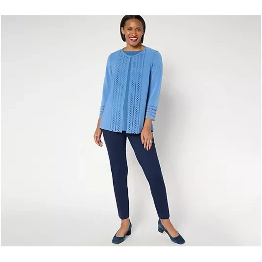 GRAVER Susan Graver LK Fusion Plus Regular Laser Cut Cardigan Blue Maze: M #29V - Picture 4 of 12